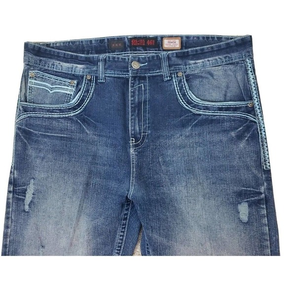 GS115 Brand Men's Blue Jeans Original Brand Size 46×32 Embroydered, Distressed. - Picture 13 of 13